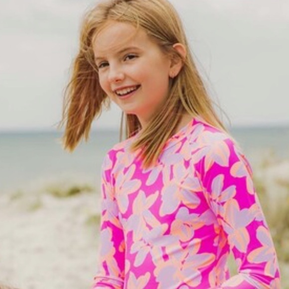Snapper Rock Girls Hibiscus Hype Long Sleeve Pink Swimsuit Rash Guard 14 - Picture 11 of 11